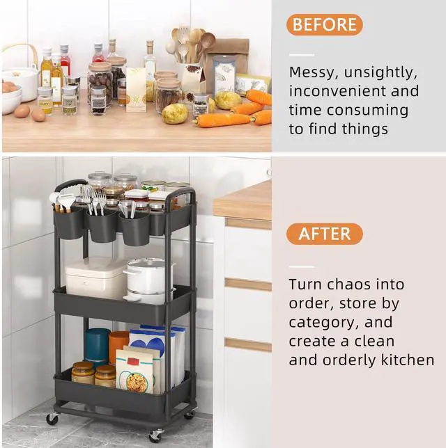 Alt view image 5 of 7 - 3-Tier Plastic Rolling Storage Cart Utility Cart Black Utility Cart with Extra Hanging Cups Arc-Shaped Handles Lockable Wheels for Living Room Bathroom Kitchen Office
