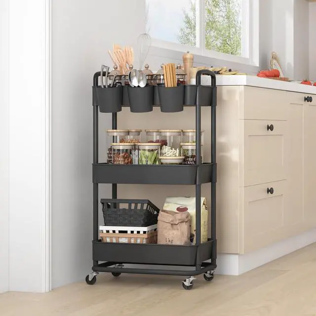 Alt view image 6 of 7 - 3-Tier Plastic Rolling Storage Cart Utility Cart Black Utility Cart with Extra Hanging Cups Arc-Shaped Handles Lockable Wheels for Living Room Bathroom Kitchen Office