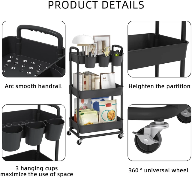 Alt view image 7 of 7 - 3-Tier Plastic Rolling Storage Cart Utility Cart Black Utility Cart with Extra Hanging Cups Arc-Shaped Handles Lockable Wheels for Living Room Bathroom Kitchen Office