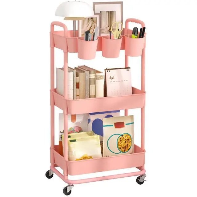 Main image of 3-Tier Plastic Rolling Storage Cart Utility Cart Pink Utility Cart with Extra Hanging Cups Arc-Shaped Handles Lockable Wheels for Living Room Bathroom Kitchen Office