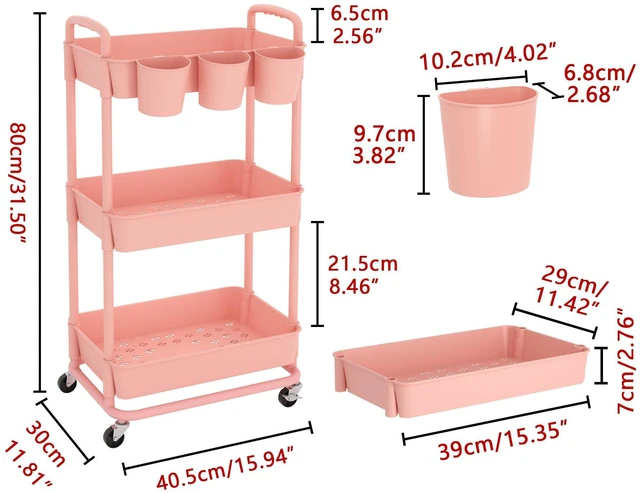 Alt view image 2 of 7 - 3-Tier Plastic Rolling Storage Cart Utility Cart Pink Utility Cart with Extra Hanging Cups Arc-Shaped Handles Lockable Wheels for Living Room Bathroom Kitchen Office