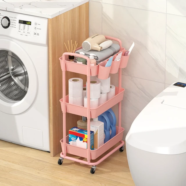 Alt view image 3 of 7 - 3-Tier Plastic Rolling Storage Cart Utility Cart Pink Utility Cart with Extra Hanging Cups Arc-Shaped Handles Lockable Wheels for Living Room Bathroom Kitchen Office