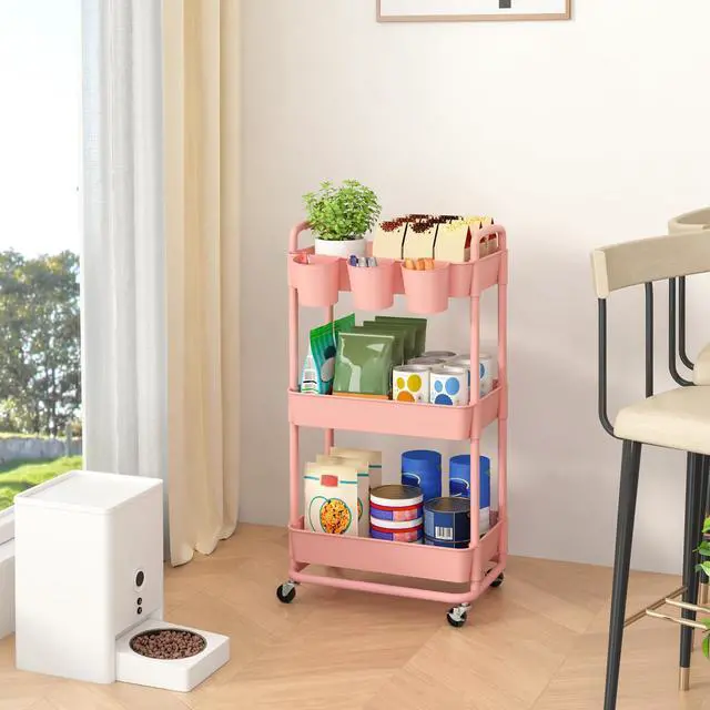 Alt view image 4 of 7 - 3-Tier Plastic Rolling Storage Cart Utility Cart Pink Utility Cart with Extra Hanging Cups Arc-Shaped Handles Lockable Wheels for Living Room Bathroom Kitchen Office