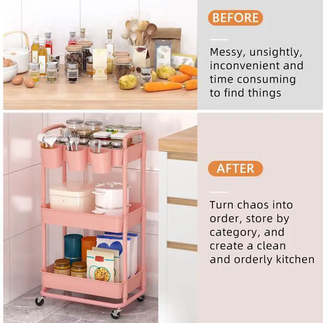 Alt view image 5 of 7 - 3-Tier Plastic Rolling Storage Cart Utility Cart Pink Utility Cart with Extra Hanging Cups Arc-Shaped Handles Lockable Wheels for Living Room Bathroom Kitchen Office