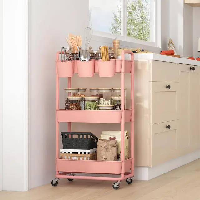 Alt view image 6 of 7 - 3-Tier Plastic Rolling Storage Cart Utility Cart Pink Utility Cart with Extra Hanging Cups Arc-Shaped Handles Lockable Wheels for Living Room Bathroom Kitchen Office