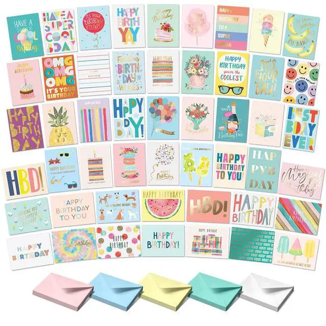 Main image of Happy Birthday Cards with Envelopes and Assortment Box Variety Set of 50 Assorted Birthday Notes. Perfect Bulk Pack for Celebrations, Office, Friends, Family, and Special Occasions