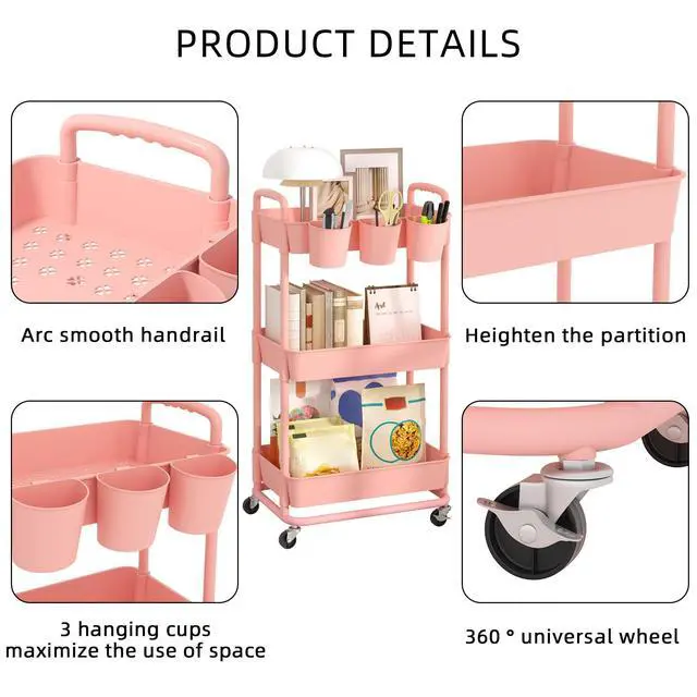 Alt view image 7 of 7 - 3-Tier Plastic Rolling Storage Cart Utility Cart Pink Utility Cart with Extra Hanging Cups Arc-Shaped Handles Lockable Wheels for Living Room Bathroom Kitchen Office