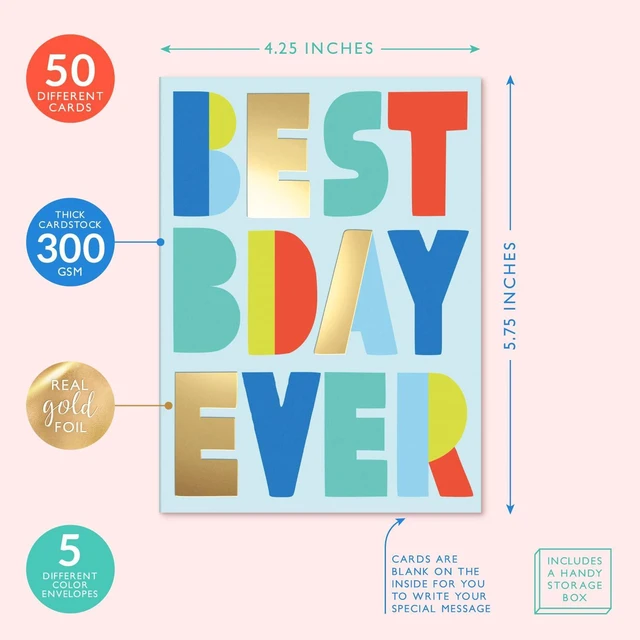 Alt view image 2 of 7 - Happy Birthday Cards with Envelopes and Assortment Box Variety Set of 50 Assorted Birthday Notes. Perfect Bulk Pack for Celebrations, Office, Friends, Family, and Special Occasions