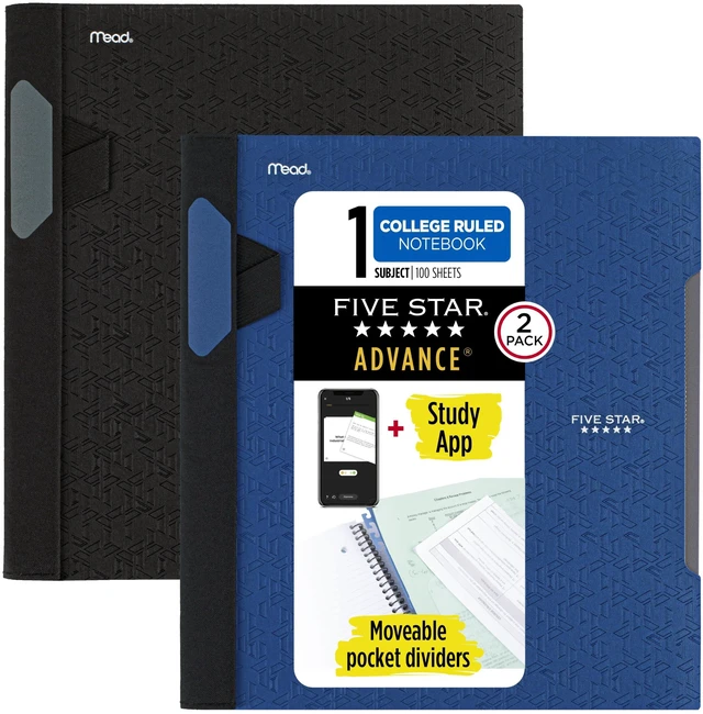 Main image of Advance Spiral Notebooks + Study App, 2 Pack, 1 Subject, College Ruled Paper, 11" x 8-1/2", 100 Sheets, With Spiral Guard and Movable Dividers, Black, Pacific Blue (820112)