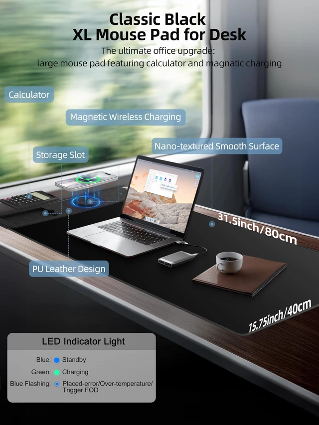 Alt view image 2 of 7 - Mouse Pad 31.5x15.75 Inch with Calculator, 15W Magnetic Wireless Charging Desk Mat, XXL Desk Pad, Home Office Large Keyboard Pad with Ultra-Smooth Surface, Non-Slip Base (Black)