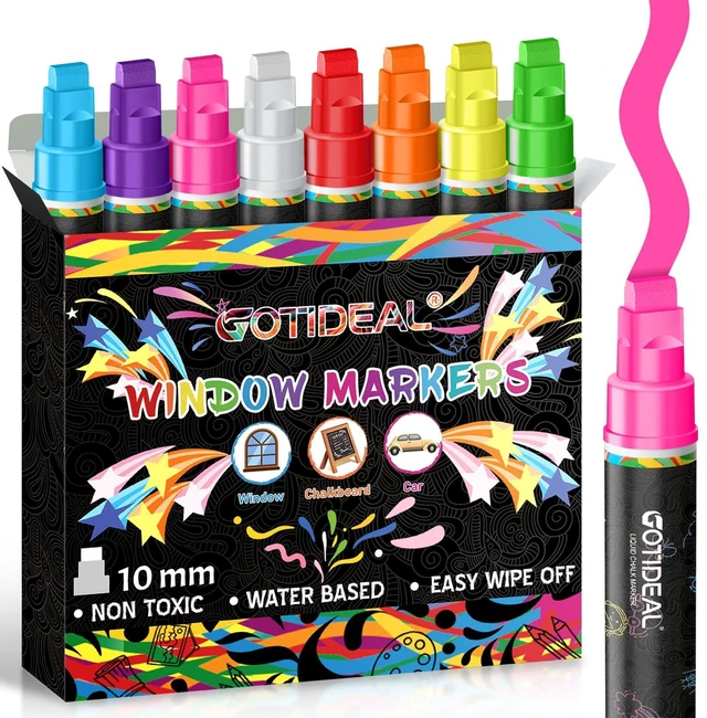 Main image of Window Markers, 8 Colors, 10mm Jumbo Thick Tip Chalk Markers Washable Car Marker, Window paint markers Erasable, for Blackboard, Chalkboard, Glass Mirror, Wedding Married Painting, Menus