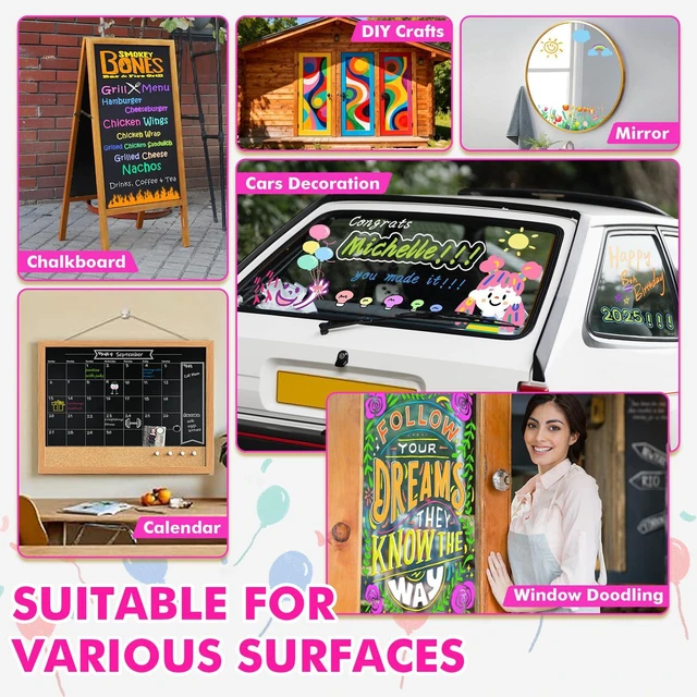 Alt view image 5 of 7 - Window Markers, 8 Colors, 10mm Jumbo Thick Tip Chalk Markers Washable Car Marker, Window paint markers Erasable, for Blackboard, Chalkboard, Glass Mirror, Wedding Married Painting, Menus