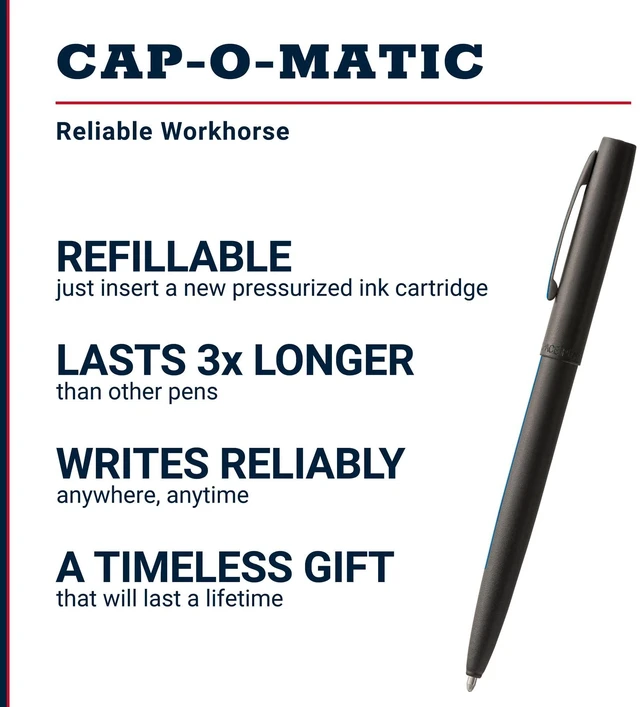 Alt view image 2 of 7 - Space Pen Law Enforcement Cap-O-Matic Pen, Black Ink, Gift Box Pressurized Ballpoint Pen, Writes Upside Down & in Extreme Temperatures, Medium Point, Pocket Clip, Made in the USA