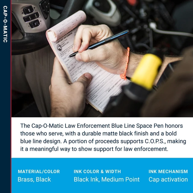 Alt view image 3 of 7 - Space Pen Law Enforcement Cap-O-Matic Pen, Black Ink, Gift Box Pressurized Ballpoint Pen, Writes Upside Down & in Extreme Temperatures, Medium Point, Pocket Clip, Made in the USA