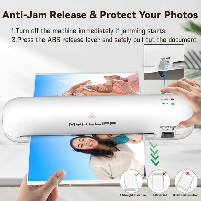 Alt view image 2 of 7 - Laminator Machine 9-Inch Portable Thermal Laminater with Hot & Cold Modes, A4 Small Laminating Machine with ABS Jam-Release, 3-Min Warm-Up, 6-in-1 Photo Laminator Kit for Home and Class, White