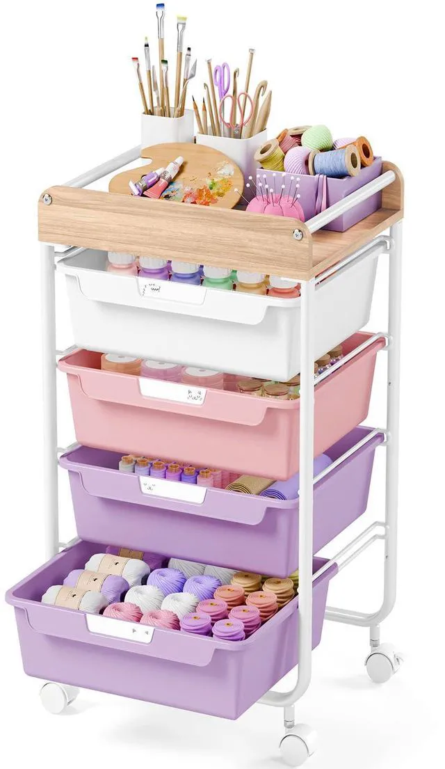 Main image of Rolling Storage Utility Cart with 4 Drawers,Art Cart,Purple Kids Craft Cart,Makeup Organizer and Storage with Wooden Tabletop