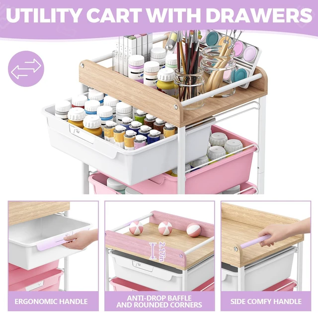 Alt view image 2 of 7 - Rolling Storage Utility Cart with 5 Drawers,Purple Craft Cart with Wheels,Makeup Organizer,Art Supply And Storage Wooden Tabletop