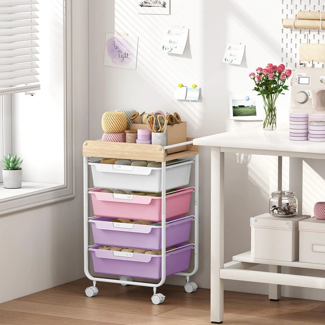 Alt view image 4 of 7 - Rolling Storage Utility Cart with 4 Drawers,Art Cart,Purple Kids Craft Cart,Makeup Organizer and Storage with Wooden Tabletop