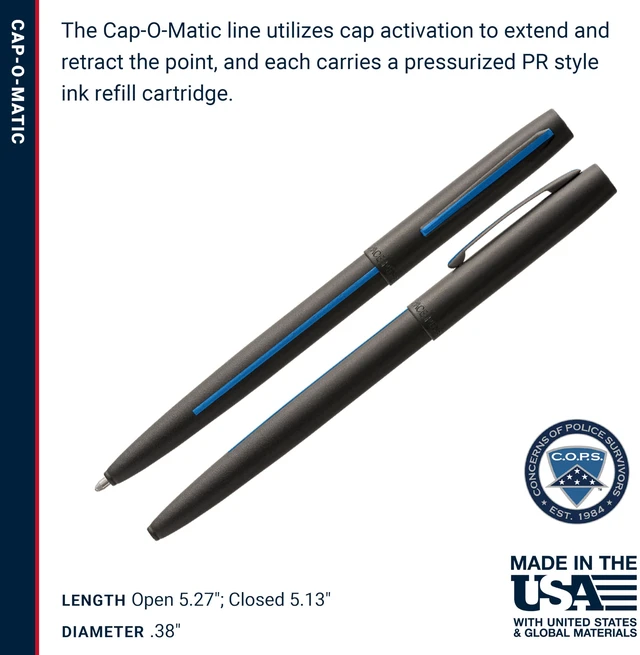 Alt view image 6 of 7 - Space Pen Law Enforcement Cap-O-Matic Pen, Black Ink, Gift Box Pressurized Ballpoint Pen, Writes Upside Down & in Extreme Temperatures, Medium Point, Pocket Clip, Made in the USA