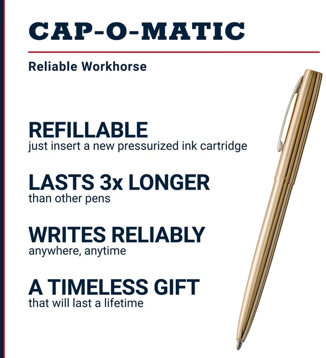 Alt view image 2 of 7 - Space Pen Brass Alloy Cap-O-Matic Pen, Black Ink, Gift Box Pressurized Ballpoint Pen, Writes Upside Down & in Extreme Temperatures, Medium Point, Pocket Clip, Made in the USA