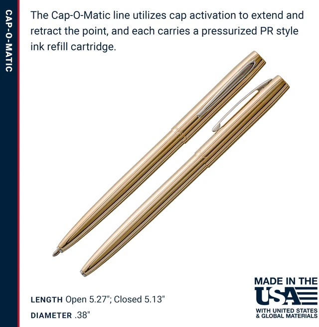 Alt view image 6 of 7 - Space Pen Brass Alloy Cap-O-Matic Pen, Black Ink, Gift Box Pressurized Ballpoint Pen, Writes Upside Down & in Extreme Temperatures, Medium Point, Pocket Clip, Made in the USA