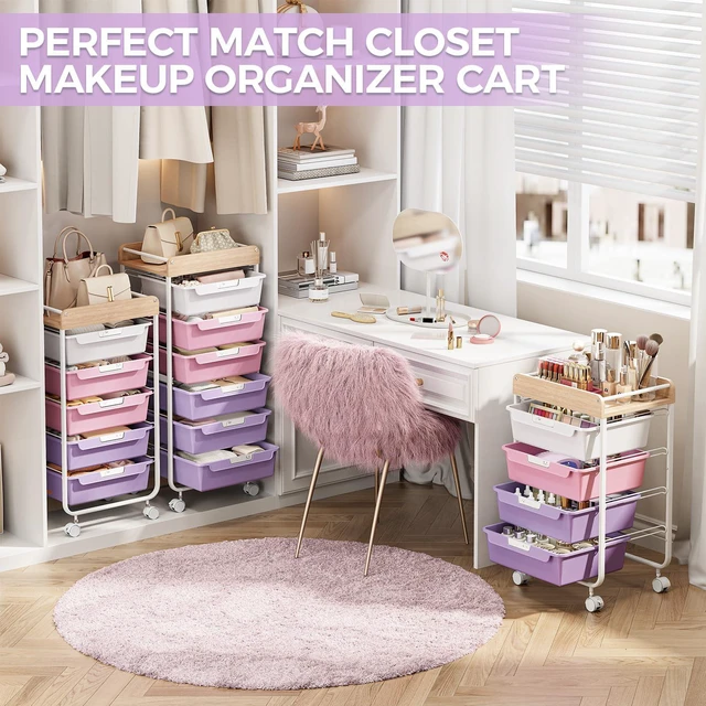 Alt view image 5 of 7 - Rolling Storage Utility Cart with 5 Drawers,Purple Craft Cart with Wheels,Makeup Organizer,Art Supply And Storage Wooden Tabletop