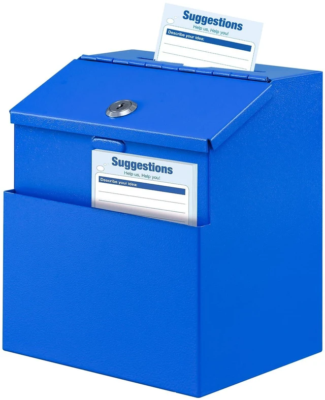 Main image of Suggestion Box with Slot and Lock, 50 Suggestion Cards, Blue Employee Comment Collection, Wall-Mount or Tabletop Use, Steel Construction, 2 Keys, Card Storage, 8H x 5.7W x 7L Inch