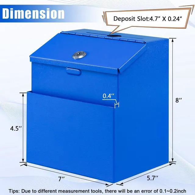 Alt view image 2 of 7 - Suggestion Box with Slot and Lock, 50 Suggestion Cards, Blue Employee Comment Collection, Wall-Mount or Tabletop Use, Steel Construction, 2 Keys, Card Storage, 8H x 5.7W x 7L Inch