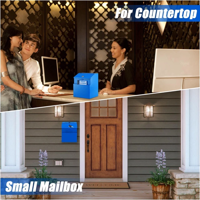 Alt view image 4 of 7 - Suggestion Box with Slot and Lock, 50 Suggestion Cards, Blue Employee Comment Collection, Wall-Mount or Tabletop Use, Steel Construction, 2 Keys, Card Storage, 8H x 5.7W x 7L Inch