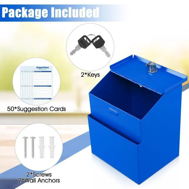 Alt view image 3 of 7 - Suggestion Box with Slot and Lock, 50 Suggestion Cards, Blue Employee Comment Collection, Wall-Mount or Tabletop Use, Steel Construction, 2 Keys, Card Storage, 8H x 5.7W x 7L Inch