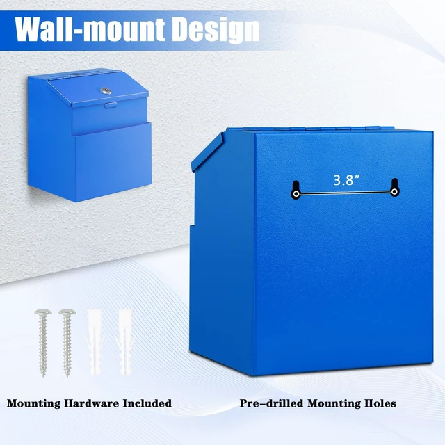 Alt view image 5 of 7 - Suggestion Box with Slot and Lock, 50 Suggestion Cards, Blue Employee Comment Collection, Wall-Mount or Tabletop Use, Steel Construction, 2 Keys, Card Storage, 8H x 5.7W x 7L Inch