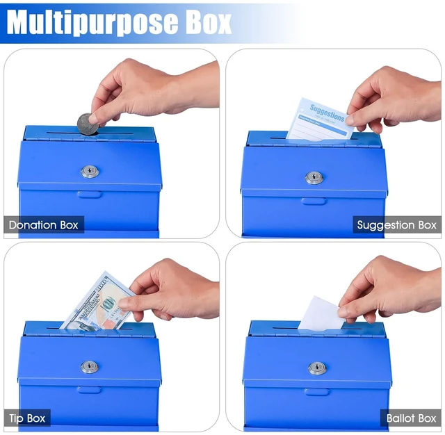 Alt view image 6 of 7 - Suggestion Box with Slot and Lock, 50 Suggestion Cards, Blue Employee Comment Collection, Wall-Mount or Tabletop Use, Steel Construction, 2 Keys, Card Storage, 8H x 5.7W x 7L Inch
