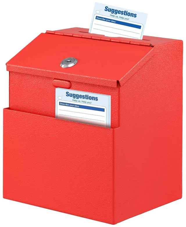 Main image of Suggestion Box with Slot and Lock, 50 Suggestion Cards, Red Employee Comment Collection, Wall-Mount or Tabletop Use, Steel Construction, 2 Keys, Card Storage, 8H x 5.7W x 7L Inch