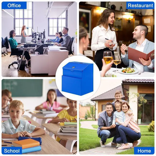 Alt view image 7 of 7 - Suggestion Box with Slot and Lock, 50 Suggestion Cards, Blue Employee Comment Collection, Wall-Mount or Tabletop Use, Steel Construction, 2 Keys, Card Storage, 8H x 5.7W x 7L Inch