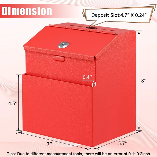 Alt view image 2 of 7 - Suggestion Box with Slot and Lock, 50 Suggestion Cards, Red Employee Comment Collection, Wall-Mount or Tabletop Use, Steel Construction, 2 Keys, Card Storage, 8H x 5.7W x 7L Inch