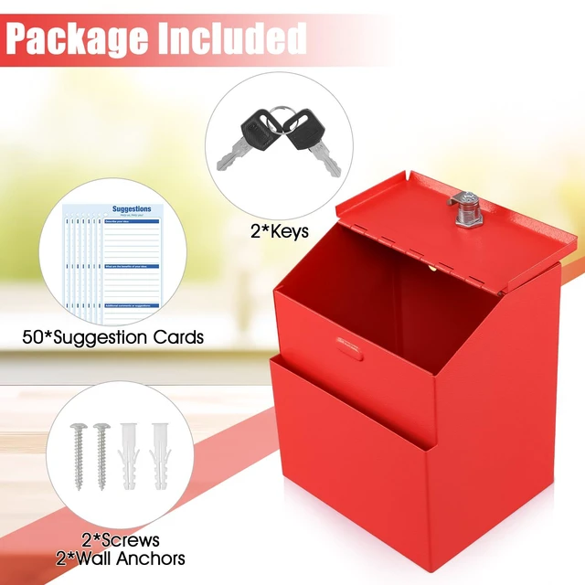 Alt view image 4 of 7 - Suggestion Box with Slot and Lock, 50 Suggestion Cards, Red Employee Comment Collection, Wall-Mount or Tabletop Use, Steel Construction, 2 Keys, Card Storage, 8H x 5.7W x 7L Inch