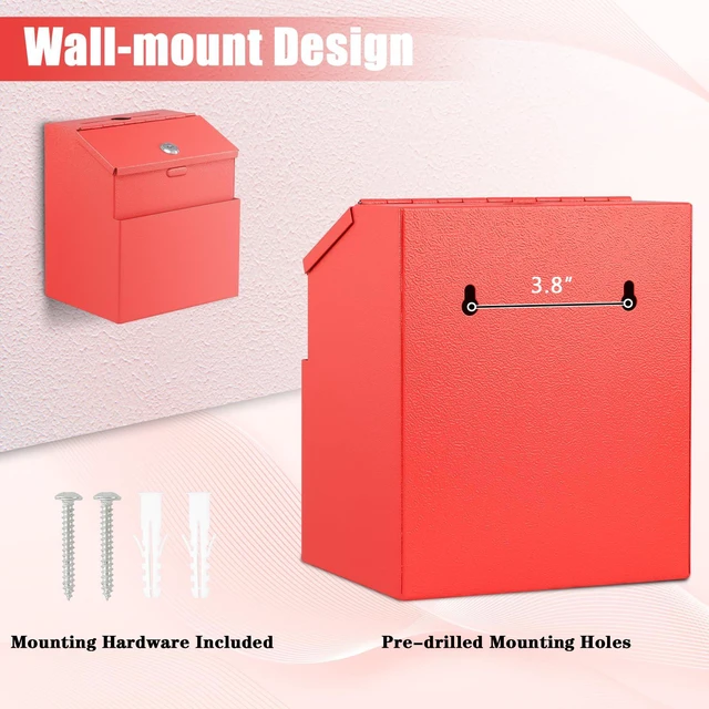 Alt view image 5 of 7 - Suggestion Box with Slot and Lock, 50 Suggestion Cards, Red Employee Comment Collection, Wall-Mount or Tabletop Use, Steel Construction, 2 Keys, Card Storage, 8H x 5.7W x 7L Inch