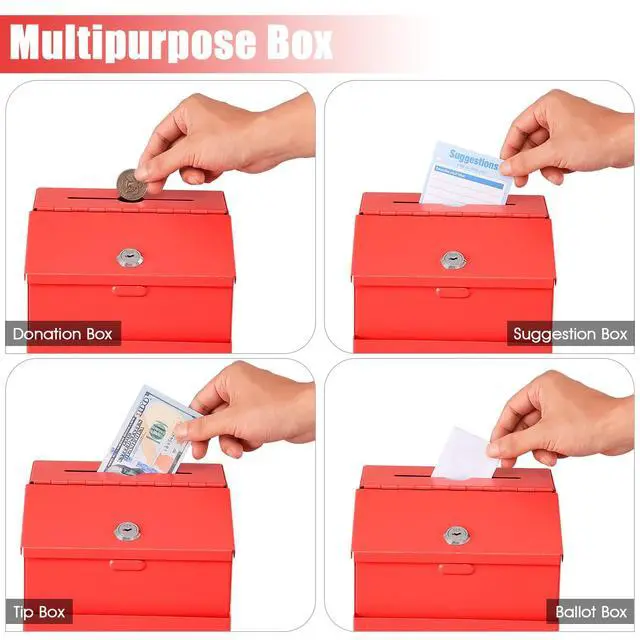 Alt view image 6 of 7 - Suggestion Box with Slot and Lock, 50 Suggestion Cards, Red Employee Comment Collection, Wall-Mount or Tabletop Use, Steel Construction, 2 Keys, Card Storage, 8H x 5.7W x 7L Inch