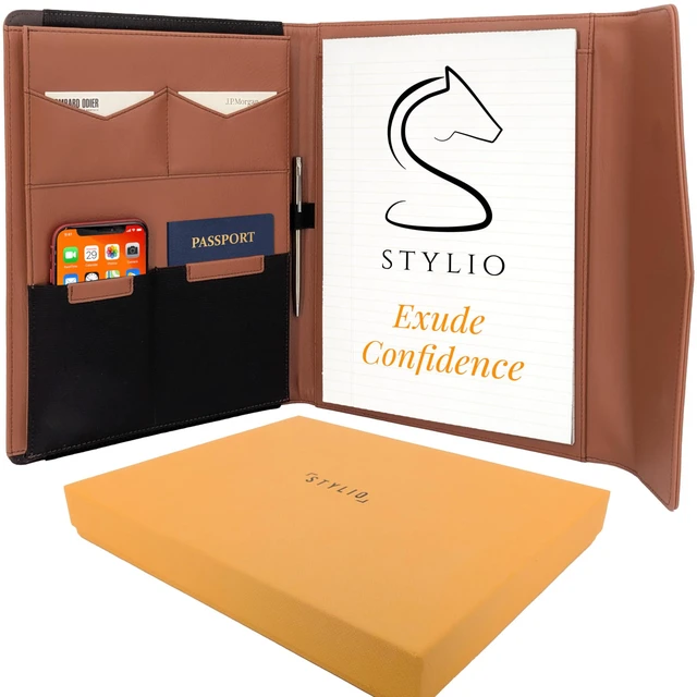 Main image of STLYIO Trifold Padfolio - Magnetic Closure. Stretchable Compartment for Tablet, Documents. Elastic Pockets for Phone, Gadgets, Passport, Travel Documents. Letter-Sized Notepad and Gift Box Included