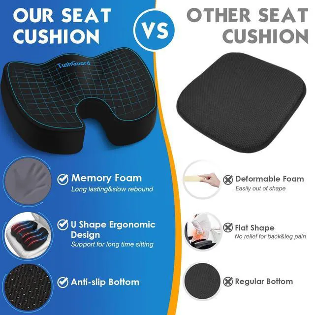 Alt view image 4 of 7 - Seat Cushion for Office Chair, Car, Memory Foam, Black X-Large For Back, Coccyx, Sciatica, Tailbone Pain, Ergonomic Design, Non-Slip, Desk Wheelchair Use, Supportive Butt Pillow, For Man