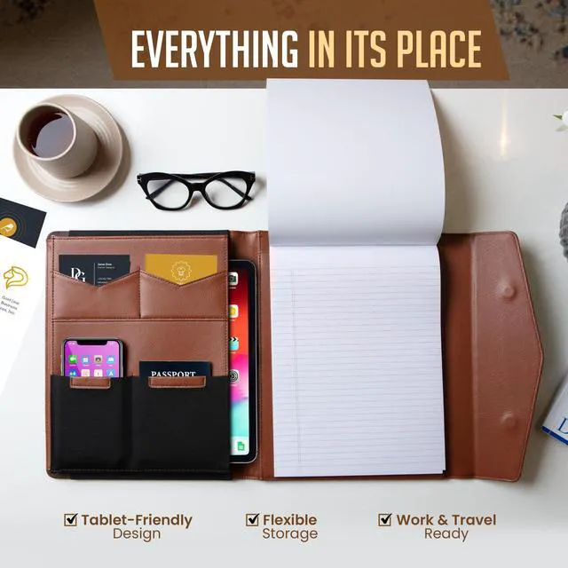 Alt view image 2 of 6 - STLYIO Trifold Padfolio - Magnetic Closure. Stretchable Compartment for Tablet, Documents. Elastic Pockets for Phone, Gadgets, Passport, Travel Documents. Letter-Sized Notepad and Gift Box Included