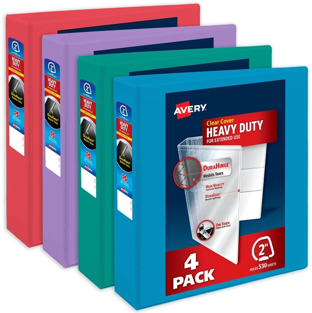 Main image of Heavy-Duty View 3 Ring Binders, 2", 4 Assorted Bright Binders For Heavy School, Home and Office Use, DuraHinge Tear-Resistant Spine, DuraEdge Split-Resistant Sides, Interior Pockets