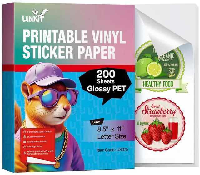 Main image of Glossy Printable Vinyl Sticker Paper Letter Size 8.5x11" 200 Sheets Tear-Resistant & Waterproof with Inkjet/Laser Printers & Cricut, for Small Business Labels, Crafts, Decals Sticker Making