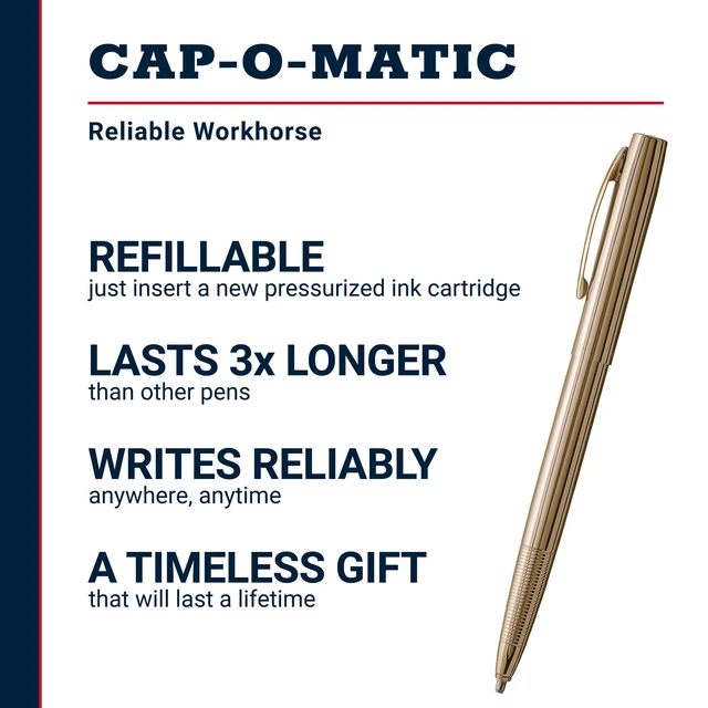 Alt view image 2 of 7 - Space Pen Lacquered Brass Cap-O-Matic Pen, Black Ink, Gift Box Pressurized Ballpoint Pen, Writes Upside Down & in Extreme Temperatures, Medium Point, Pocket Clip, Made in the USA