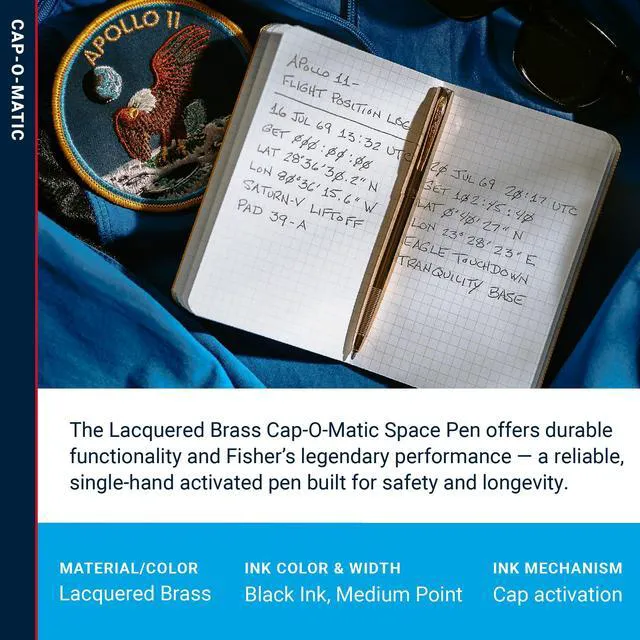 Alt view image 3 of 7 - Space Pen Lacquered Brass Cap-O-Matic Pen, Black Ink, Gift Box Pressurized Ballpoint Pen, Writes Upside Down & in Extreme Temperatures, Medium Point, Pocket Clip, Made in the USA
