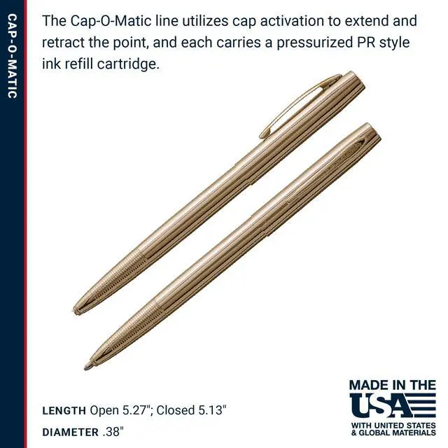 Alt view image 6 of 7 - Space Pen Lacquered Brass Cap-O-Matic Pen, Black Ink, Gift Box Pressurized Ballpoint Pen, Writes Upside Down & in Extreme Temperatures, Medium Point, Pocket Clip, Made in the USA