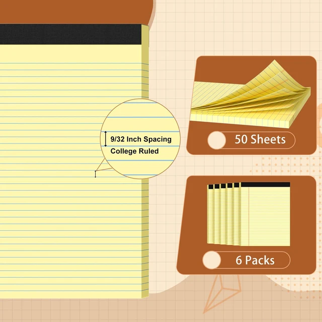 Alt view image 3 of 6 - Legal Pads 8.5 X11, Narrow Ruled Notepads, 6 Pack, 50 Sheet/Pad Yellow Legal Pads, Tear Off Notepad, Perforated Writing Pad, Notebook Paper College Ruled, Notepads For Office Home School