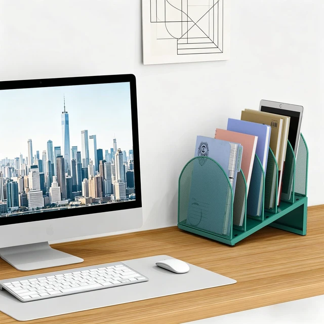 Alt view image 3 of 7 - Desktop File Organizer with 5 Compartments Desk Organizer Paper Organizer for Desk Workspace Organizers for Office Supplies (Green)