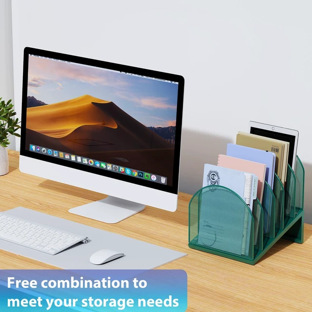 Alt view image 5 of 7 - Desktop File Organizer with 5 Compartments Desk Organizer Paper Organizer for Desk Workspace Organizers for Office Supplies (Green)