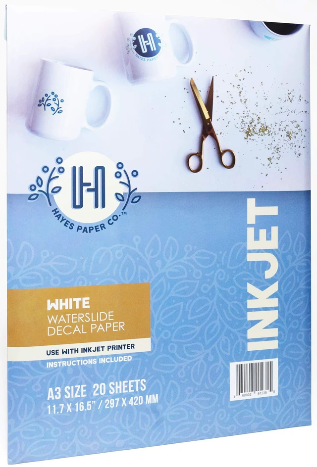 Main image of Waterslide Decal Paper INKJET WHITE 20 Sheets Premium Water Slide Transfer Paper, Bright White, A3 Size, 11.75 x 16.5 Inch